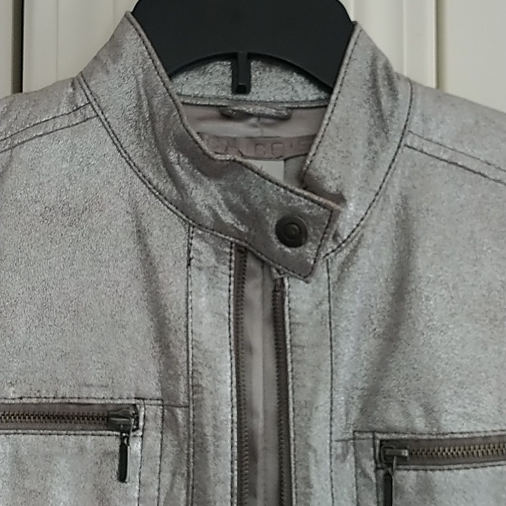 Chico's Silver Metallic Genuine Leather Moto Jacket Chico's 1 (US 8/10) - Picture 7 of 12